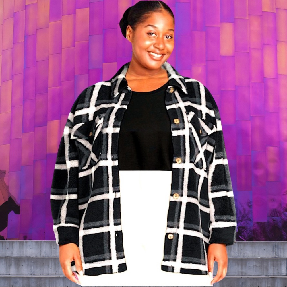 Women’s plus-size Black & White Plaid Fuzzy Button-Up Shirt-Jacket Shacket❤️❤️3X